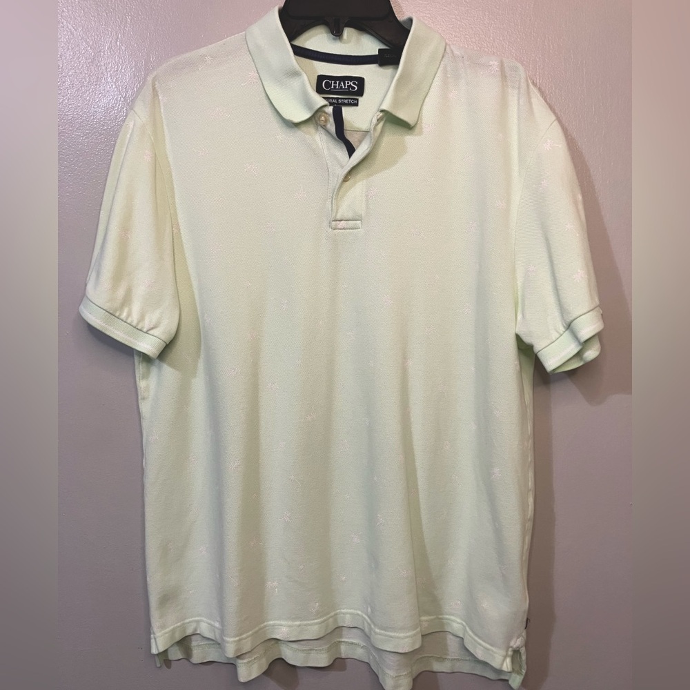 Chaps Natural Stretch Polo Shirt Men’s Large Lite Green AOP Short Sleeve EUC